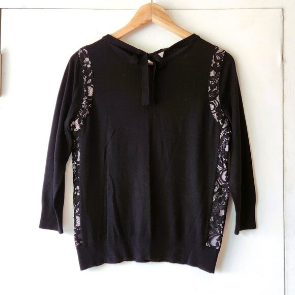 Ann Taylor Petite sz MP Black Lace Insert Bow Tie Back Top Blouse Sweater - Picture 8 of 16